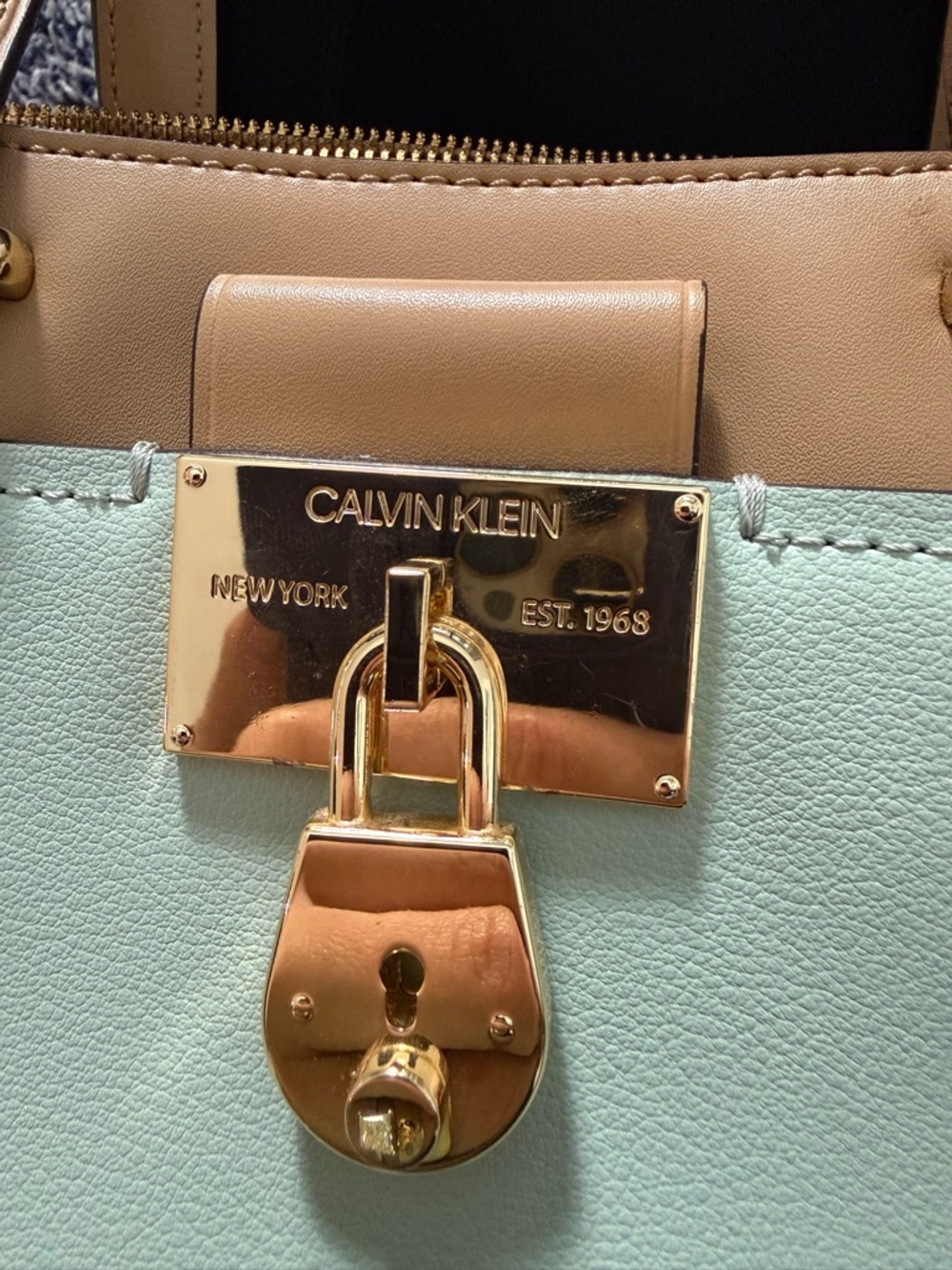 Calvin Klein Camille Lock Satchel Beige/Mint Green - Picture 9 of 16
